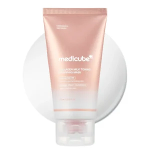 Front view of a metallic rose gold and white squeeze tube of Medicube Collagen Milk Toning Wrapping Mask.