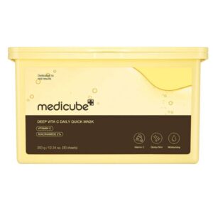 Front view of a pastel yellow tub of Medicube Deep Vita C Daily Quick Mask with a dark brown label.
