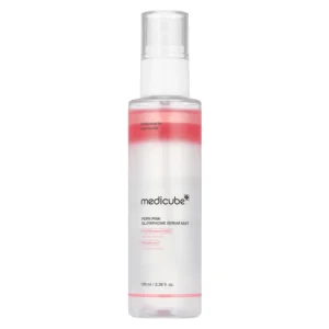 Clear spray bottle of Medicube PDRN Pink Glutathione Serum Mist showing bi-phase clear liquid and a pink oil layer on a white background.
