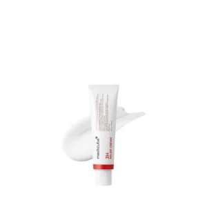 Front view of a white and red squeeze tube of Medicube 3H Daily Relief Cream set against a smooth white cream swatch.