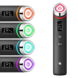 Black Medicube AGE-R Booster Pro device with display screen alongside diagrams of its 4 LED light modes: Booster, MC, Air Shot, and Derma-S.