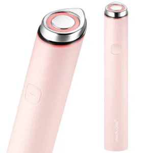 Front view of the light pink Medicube AGE-R Booster Pro Mini beauty device featuring a metallic oval treatment head with a pink inner ring.