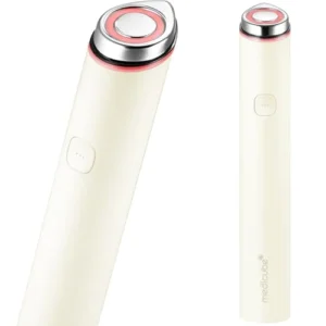 Front view of the off-white Medicube AGE-R Booster Pro Mini skincare device with a metallic treatment head and pink accent ring.