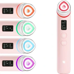 Soft pink Medicube AGE-R Booster Pro device with digital screen alongside diagrams showcasing its 4 LED light treatment modes.