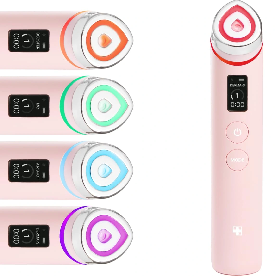 Soft pink Medicube AGE-R Booster Pro device with digital screen alongside diagrams showcasing its 4 LED light treatment modes.
