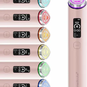Soft pink Medicube AGE-R Booster Pro X2 device with digital screen next to diagrams illustrating its 6 modes including Air Shot, Booster, Derma-S, Dual, MC, and AI Care+.