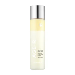 Front view of Medicube AGE-R Glutathione Glow Toner in a frosted bottle with a silver cap and pale yellow liquid.