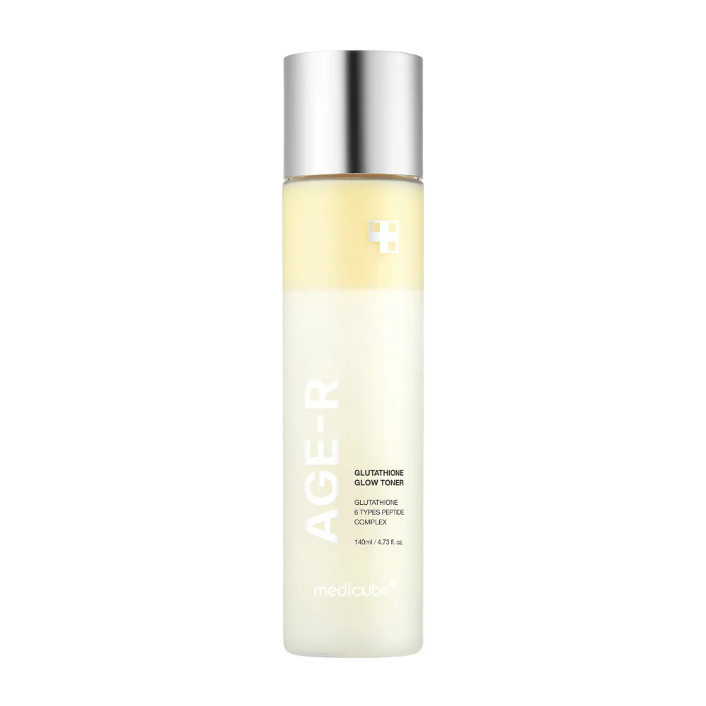 Front view of Medicube AGE-R Glutathione Glow Toner in a frosted bottle with a silver cap and pale yellow liquid.