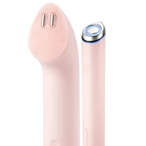 Side-by-side view of two pink Medicube AGE-R mini facial devices showing a textured silicone head and a sleek metallic head with blue LED light ring.