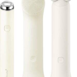 Three cream-colored Medicube AGE-R skincare devices standing side by side with different specialized treatment head attachments.