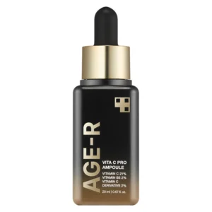 An upright rectangular black and bronze bottle of Medicube Age-R Vita C Pro Ampoule topped with a gold pipette cap.
