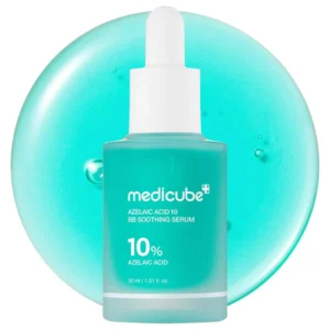 Front view of a teal blue dropper bottle of Medicube Azelaic Acid 10 BB Soothing Serum set against a glossy teal gel circle.