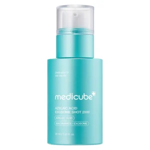 A teal metallic pump bottle of Medicube Azelaic Acid Exosome Shot 2000 with a clear cap on a white background.