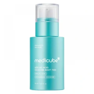 Front view of a matte teal pump bottle of Medicube Azelaic Acid Exosome Shot 7500 serum.