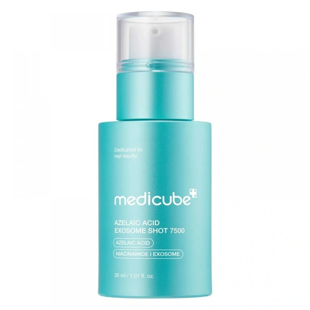 Front view of a matte teal pump bottle of Medicube Azelaic Acid Exosome Shot 7500 serum.