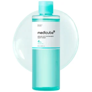 Translucent teal bottle of Medicube Azelaic Acid Niacinamide Clear Toner 4% Azelaic Acid set against a clear liquid swatch background