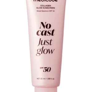 Front view of a soft pink squeeze tube of Medicube Collagen Glow Sunscreen Broad Spectrum SPF 50 with "No cast Just glow" printed on the front.