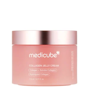 A frosted pink jar of Medicube Collagen Jelly Cream featuring a metallic rose gold screw cap on a plain background.