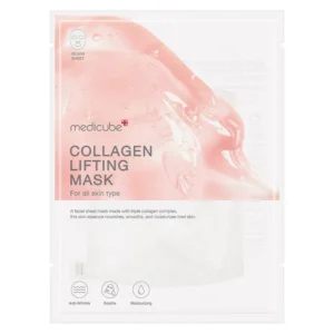 A white and soft pink packet of Medicube Collagen Lifting Mask featuring liquid gel graphics and vegan sheet mask badges.