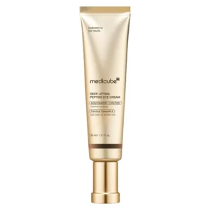An upright metallic gold tube of Medicube Deep Lifting Peptide Eye Cream standing on its matching cap against a plain white backdrop.