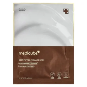 A white and dark brown sachet of Medicube Deep Peptide Radiance Mask with gold trimming around the top border.