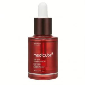 Front view of a translucent deep red glass dropper bottle of Medicube EGF NAD Firming Serum.