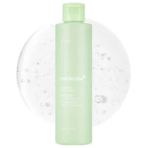 Soft sage green bottle of Medicube Exosome Cica Toner set against a clear bubbly water swatch background.