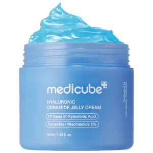 Open light blue jar of Medicube Hyaluronic Ceramide Jelly Cream showcasing a dollop of glossy blue gel formula on top.