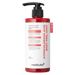 Front view of the red and white Medicube Hypochlorous Acid Body Peel Shot pump bottle against a clean white background.