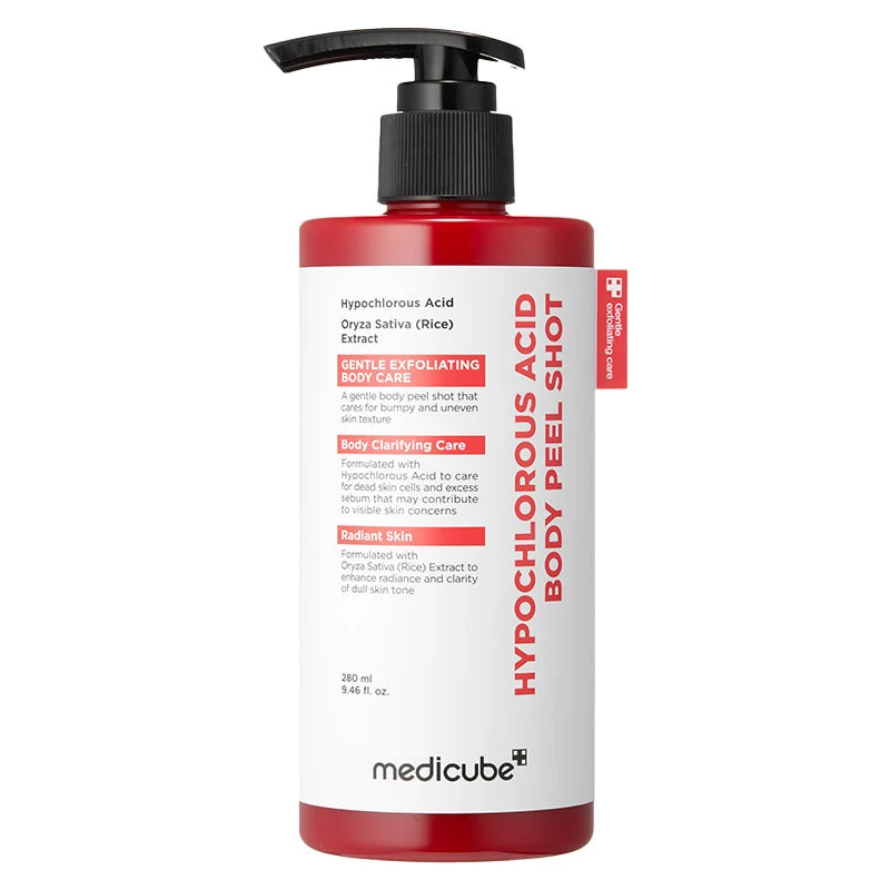 Front view of the red and white Medicube Hypochlorous Acid Body Peel Shot pump bottle against a clean white background.