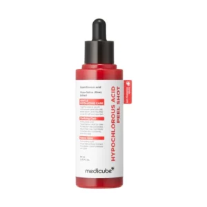 Front view of a bright red bottle with a black dropper cap for Medicube Hypochlorous Acid Peel Shot.