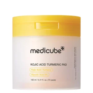A white translucent tub of Medicube Kojic Acid Turmeric Pads featuring a bright yellow flip-top lid.