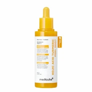 Front view of a bright yellow bottle with a matching yellow dropper top for Medicube Kojic Acid Turmeric Peel Shot.