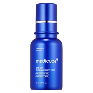 Front view of a metallic blue bottle of Medicube One Day Exosome Shot Pore Ampoule 7500 with silver trim on a plain white background.