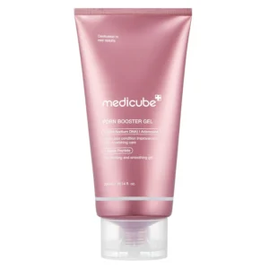 A metallic dusty pink squeeze tube of Medicube PDRN Booster Gel with a clear flip-top cap standing on a white background.