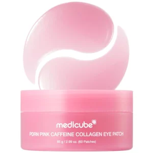Pink jar of Medicube PDRN Pink Caffeine Collagen Eye Patches with two hydrogel eye patches swirling above the container.