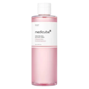 A clear cylindrical bottle filled with translucent pink liquid Medicube PDRN Pink Cica Soothing Toner with a white cap.
