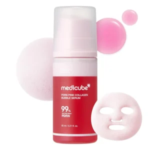 Red and white bottle of Medicube PDRN Pink Collagen Bubble Serum surrounded by pink liquid droplets, micro-bubbles, and a bubble mask graphic.