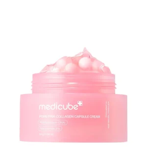 Open frosted pink jar of Medicube PDRN Pink Collagen Capsule Cream filled with translucent gel and pink collagen capsules.