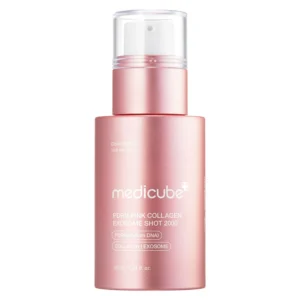 An upright metallic light pink bottle of Medicube PDRN Pink Collagen Exosome Shot 2000 with a clear pump cap on a white background.