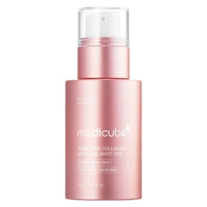 Front view of a metallic pink bottle of Medicube PDRN Pink Collagen Exosome Shot Serum 7500 with a clear plastic cap over a white pump tip.