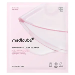 Front view of a light pink foil sachet packaging for Medicube PDRN Pink Collagen Gel Mask showing a peeled gel mask graphic.