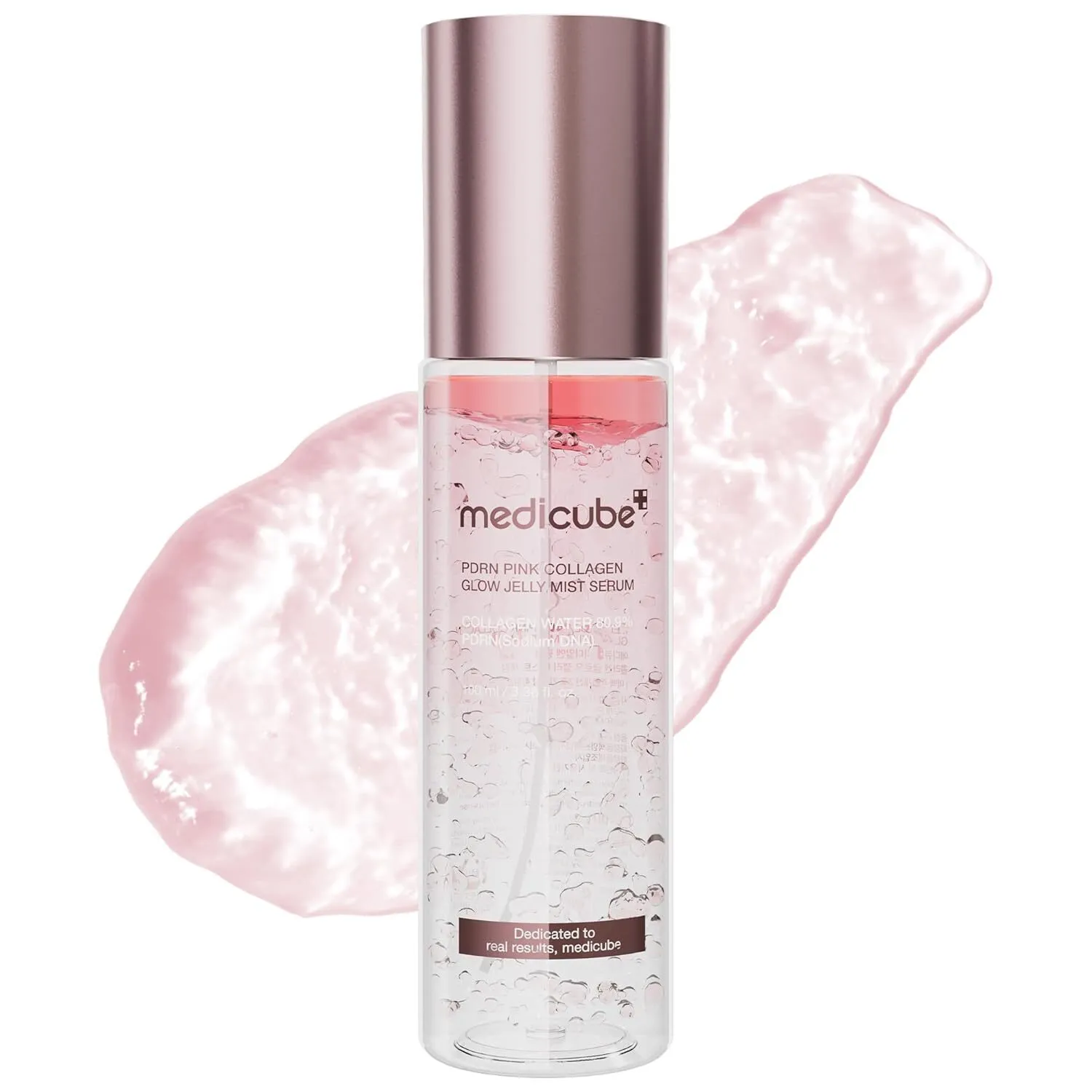 Translucent spray bottle with a metallic rose gold cap for Medicube PDRN Pink Collagen Glow Jelly Mist Serum against a glossy pink gel swatch background.