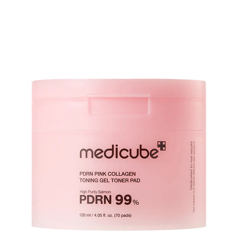 A light pink cylindrical tub of Medicube PDRN Pink Collagen Toning Gel Toner Pads on a white background.