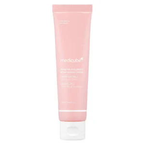 Front view of a pastel pink squeeze tube of Medicube PDRN Pink Hyaluronic Moisturizing Cream with a white flip-top cap on a solid white background.