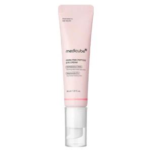 Light pink tube of Medicube PDRN Pink Peptide Eye Cream standing upright with a clear cap over a white pump tip.