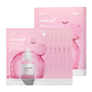 Light pink outer box and individual sachet packets of Medicube PDRN Pink Peptide Serum Mask.
