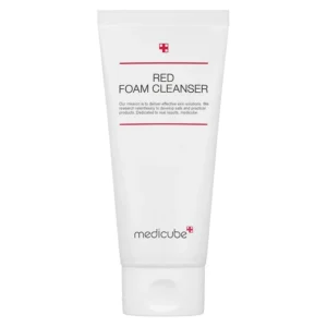 Front view of a white tube of Medicube Red Foam Cleanser with red lines and black branding text on a plain white background.
