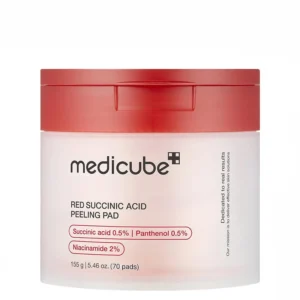 Front view of a white translucent jar with a red cap containing Medicube Red Succinic Acid Peeling Pads.