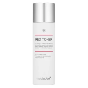 Front view of a tall white bottle of Medicube Red Toner with a metallic silver screw cap on a plain white background.